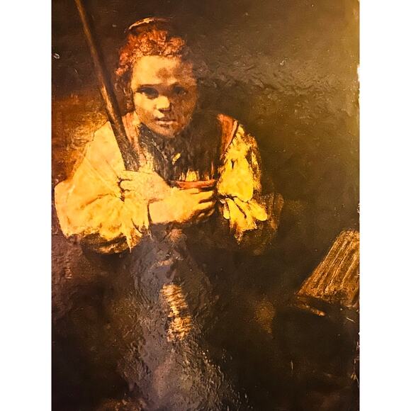 Rembrandt Girl with a Broom Lacquered Art Panel-Haunting Vintage Portrait-Moody - Picture 4 of 10